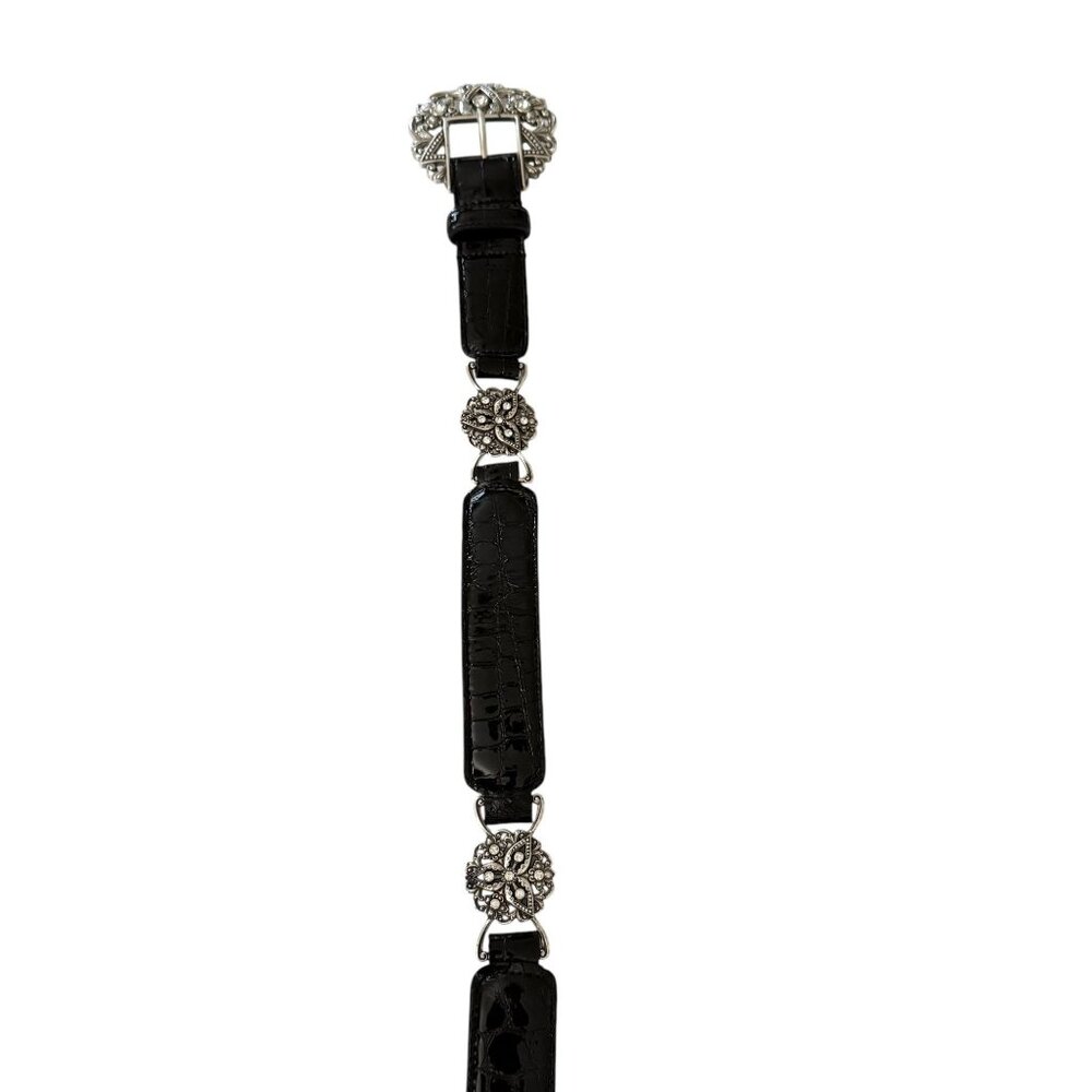 Vintage Brighton Empire Lace Black Croc Embossed Patent Leather Belt Crystals - Picture 16 of 16